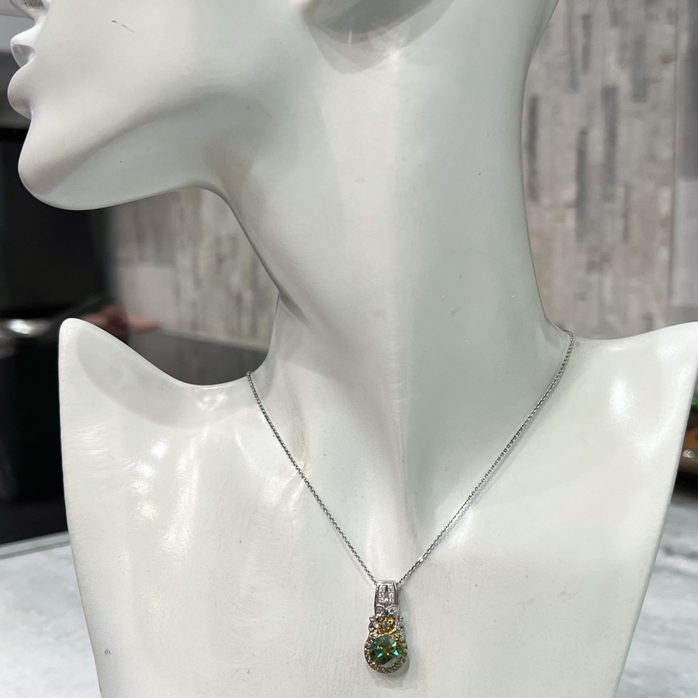 Green and White Moissanite Green Sapphire Sterling Silver Pendant 20” Necklace - Picture 7 of 11